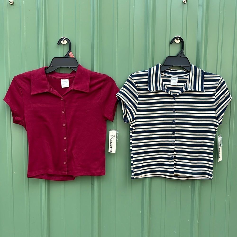 Women’s Button Front Cropped Striped Polo Shirt 2-Pack Size M